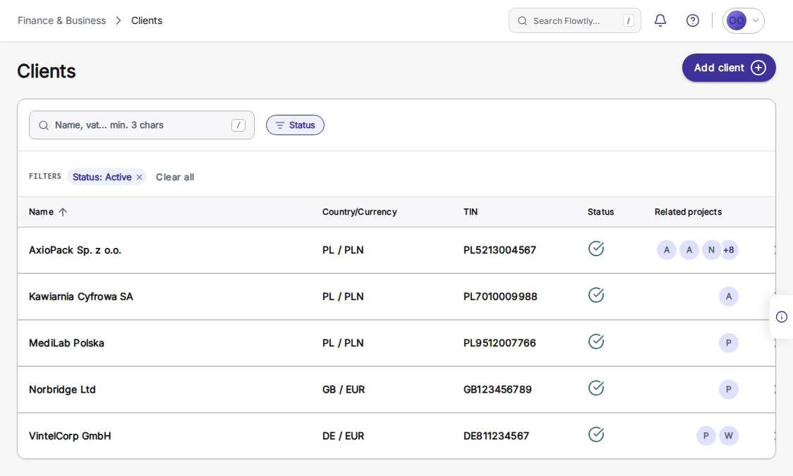 Lijst Clients in Flowtly met de knop Add client