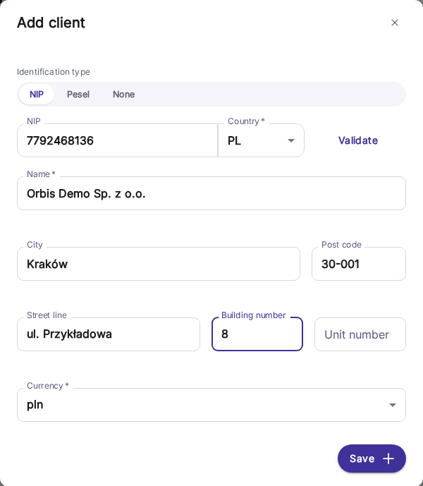 Dialoog Add client met velden voor identificatie, adres en valuta