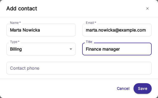 Formulier Add contact met velden voor naam, e-mail en type