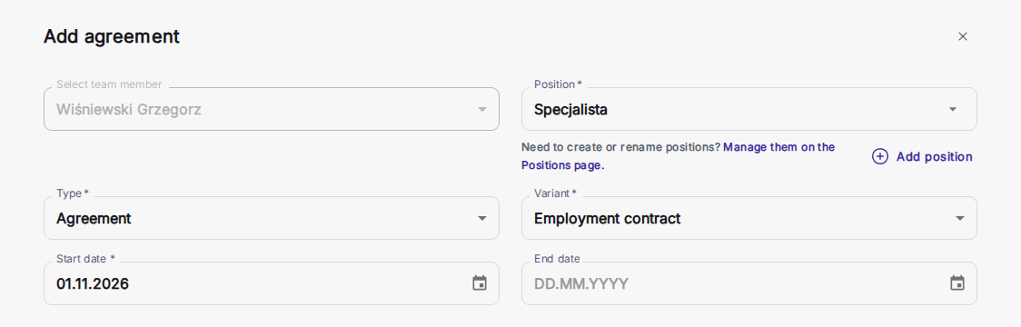 Dialoog Add agreement met velden voor functie, type en variant
