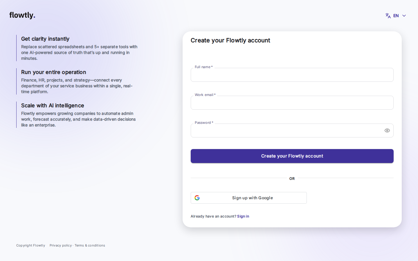 Flowtly-registratieformulier geopend in een browservenster